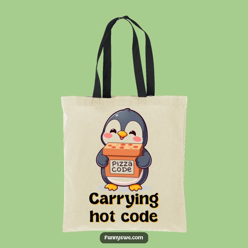 Funny Penguin Code Tote Bag: Pizza Delivery Penguin, Whimsical Accessory for Devs