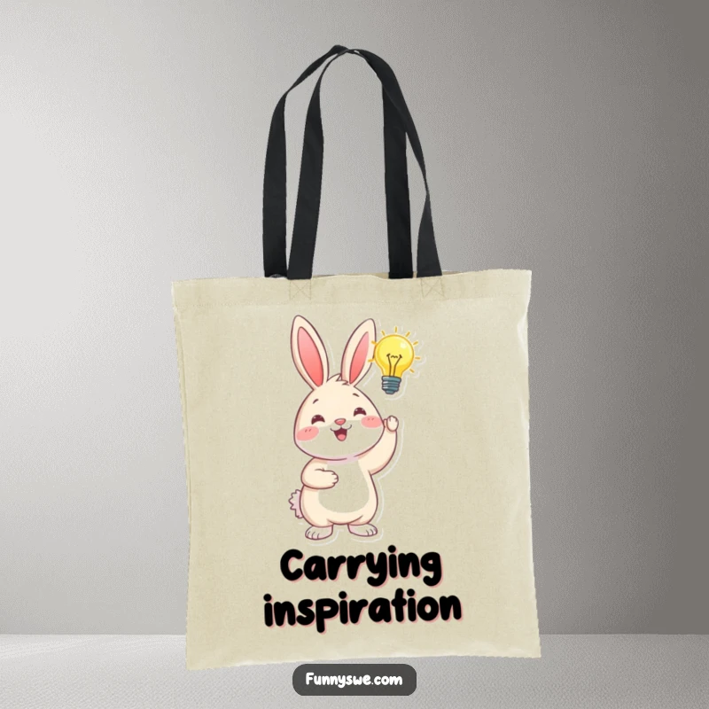 Funny happy bunny holding a glowing lightbulb overhead, symbolizing inspiration, a humorous and practical tote bag.