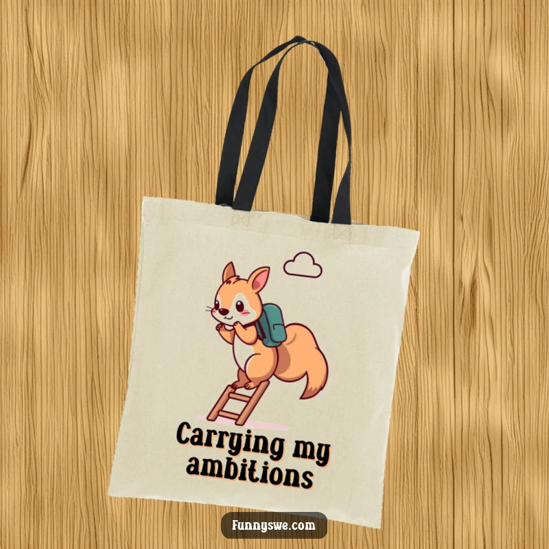 Funny Squirrel Tote Bag: A determined squirrel with a backpack climbs a ladder towards a cloud icon, showcasing tech ambition, perfect for a funny gift.