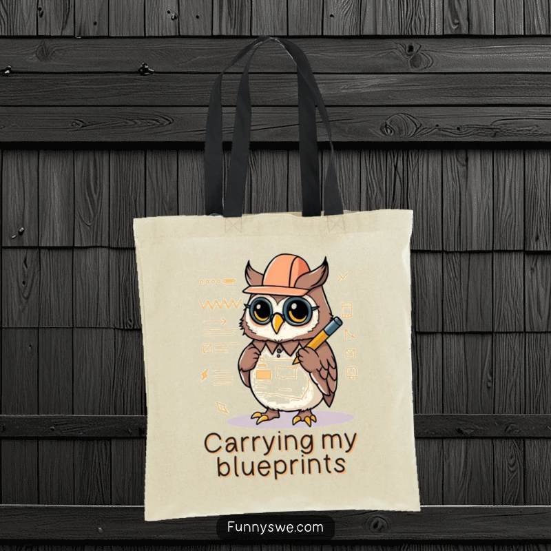 Funny tote bag with a Kawaii owl architect drawing a website layout with a glowing stylus, perfect for creative essentials.