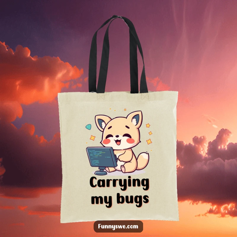 Funny kawaii animal character debugging code and giggling, with symbols floating, a humorous tote bag.