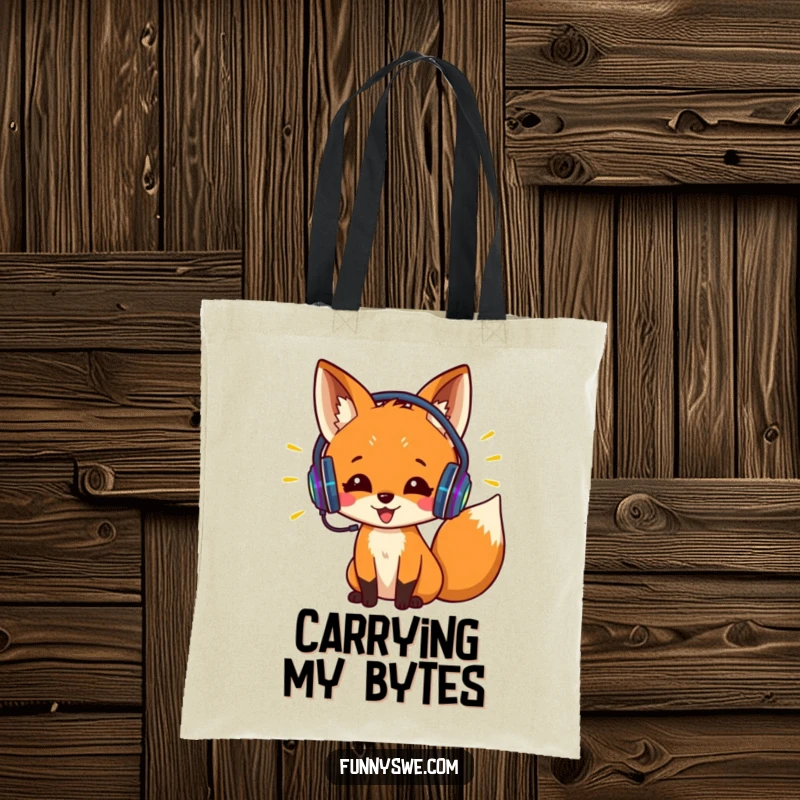 Funny tote bag with an excited fox wearing headphones, coding with colorful lines. Ideal for carrying tech gear humorously.