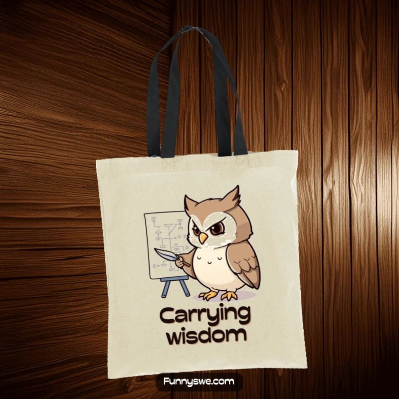 Funny tote bag art of a determined owl character pointing at a complex flowchart with a feather pen, showcasing planning skills.