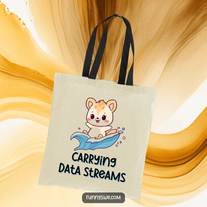 Funny tote bag with a playful animal surfing a swooshing wave of digital code, a tech accessory.