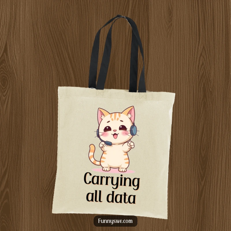 Funny Cat Tote Bag: An enthusiastic cat wearing a headset points and gestures at a screen, showcasing gamer focus, perfect for a funny gift.