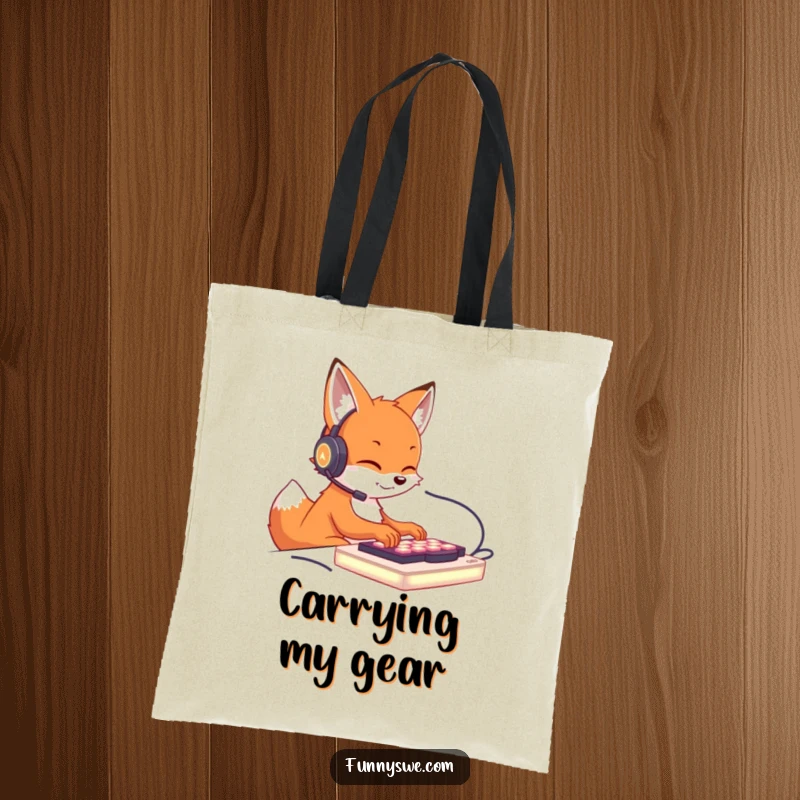 Funny tote bag art of a cute fox with a headset, typing rapidly on a glowing keyboard, perfect for tech enthusiasts.