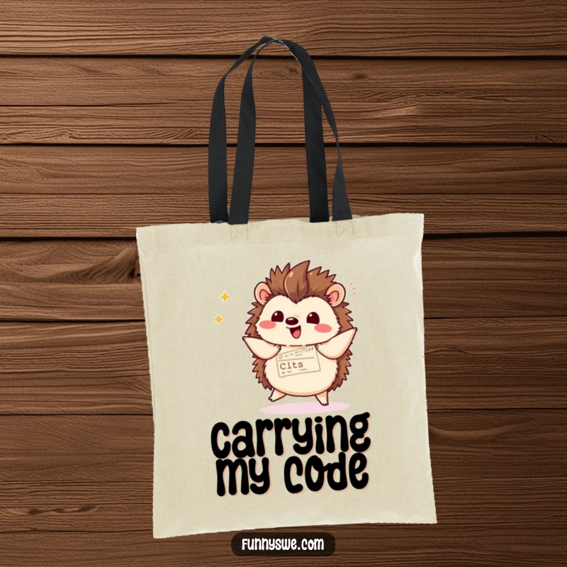 Funny kawaii hedgehog displaying website code with a flourish and a happy dance, printed on a durable tote bag.