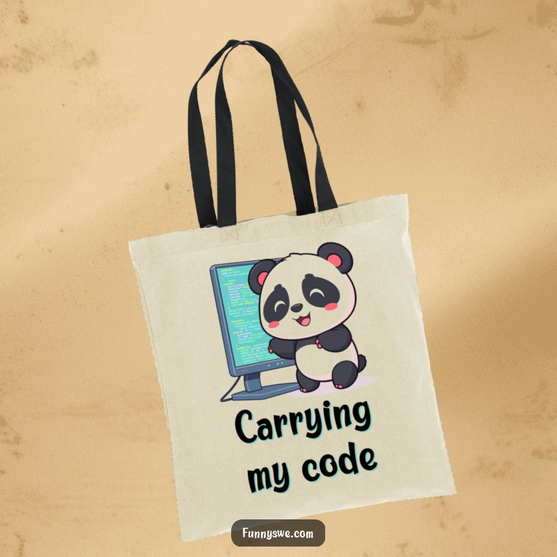 Funny tote bag with a Kawaii panda playfully uploading code into a large computer screen, ideal for tech gear.