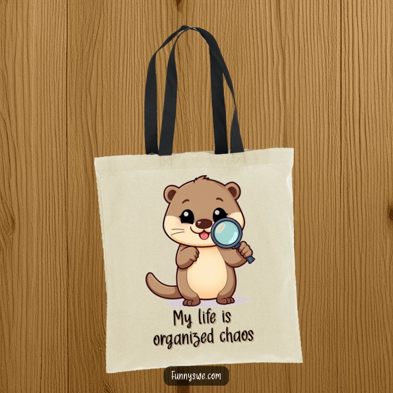Funny Otter Debugging Tote Bag: Happy otter character using a magnifying glass to examine code, a humorous and functional bag.