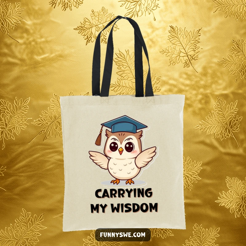 Funny Owl Tote Bag: A cheerful owl wearing a graduation cap confidently presents information, showcasing academic achievement, perfect for a funny gift.