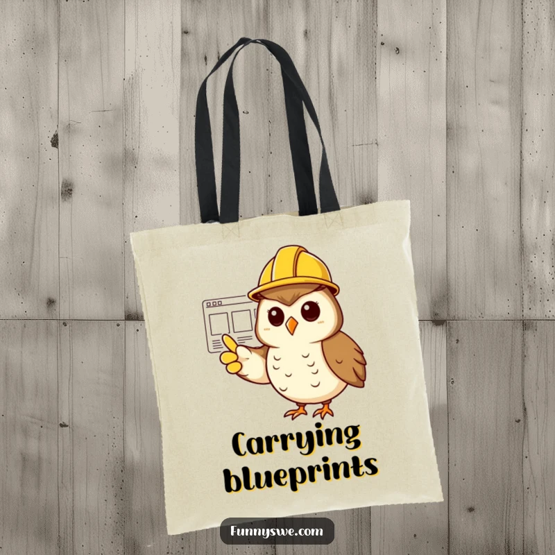 Funny cheerful owl in a hard hat, pointing at a website wireframe on a tote bag.