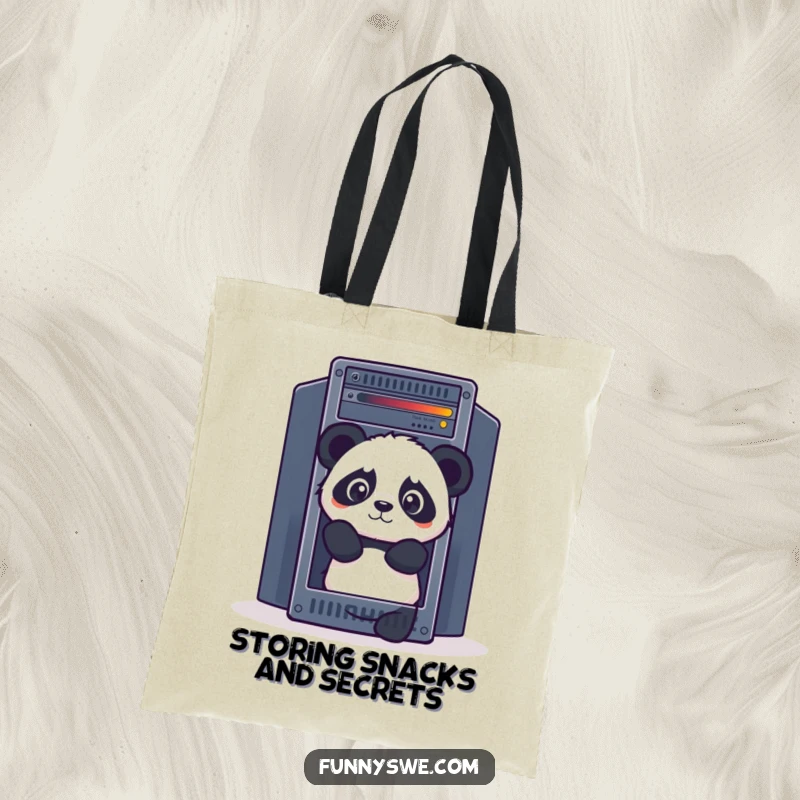 Funny Panda tote bag, curiously peeking out from behind a giant server rack, stylish and humorous accessory.
