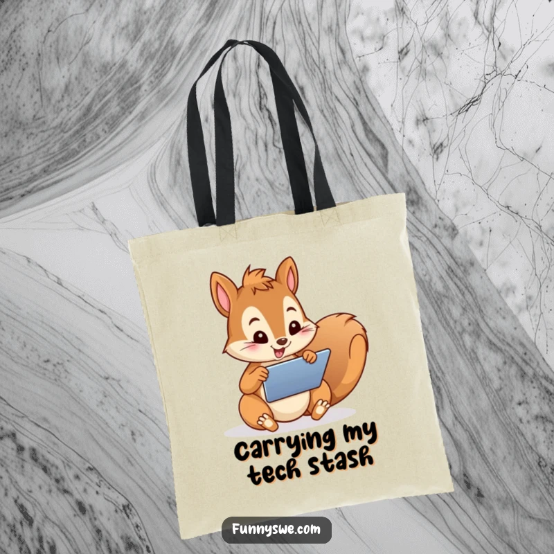 Funny Tote Bag depicting a playful squirrel character enthusiastically designing a website on a tablet, ideal for carrying tech gear.