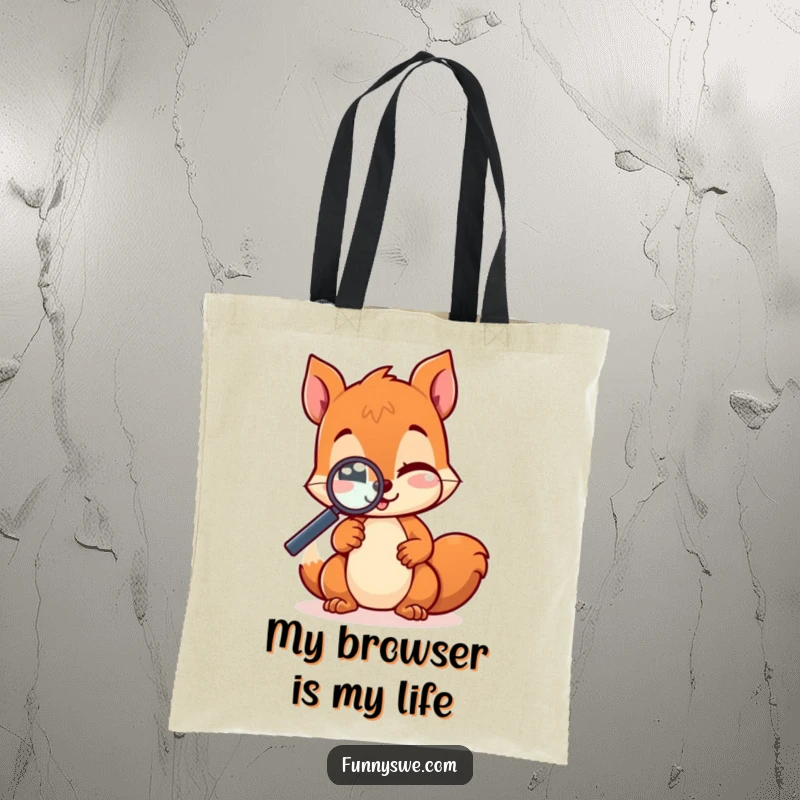 Funny kawaii squirrel with a magnifying glass, testing a website with a charming wink, printed on a durable and stylish tote bag.