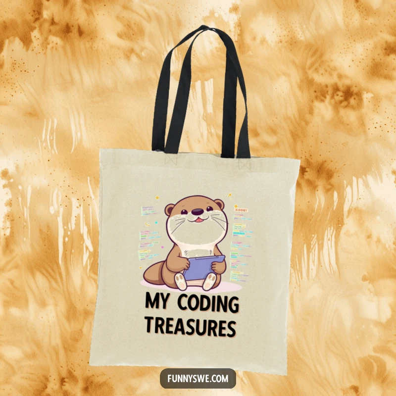 Funny tote bag with a Kawaii otter excitedly coding on a tablet, surrounded by colorful code snippets, energetic and functional.