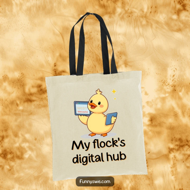 Funny kawaii duck with a cheerful chirp, building a website with a screen in the air, printed on a durable tote bag.