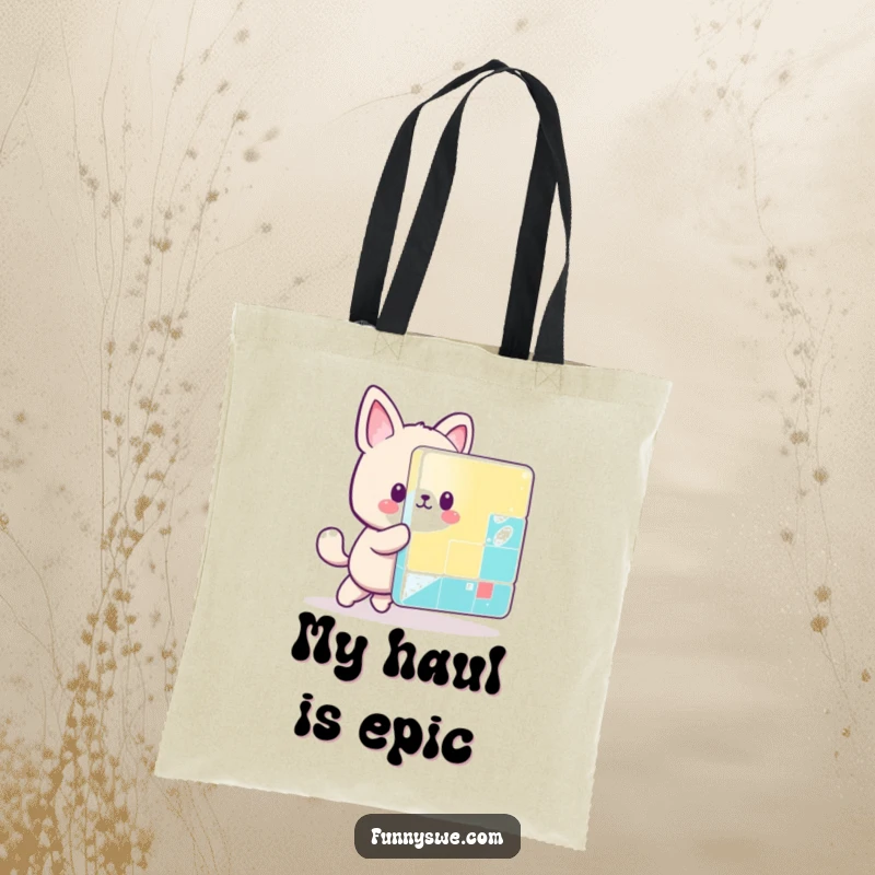 Funny kawaii animal character pushing a massive, colorful pixel block, a charming and humorous tote bag for gamers.