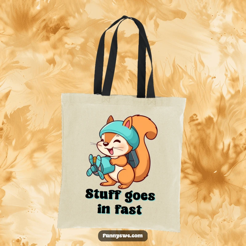 Funny squirrel file uploader tote bag, a busy squirrel with a propeller pack, rapidly uploading files, practical and fun.